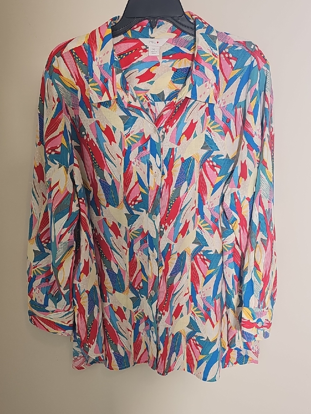 Intro Abstract Tropical Button Down Shirt Womens Size XL Multi Color Long Sleeve